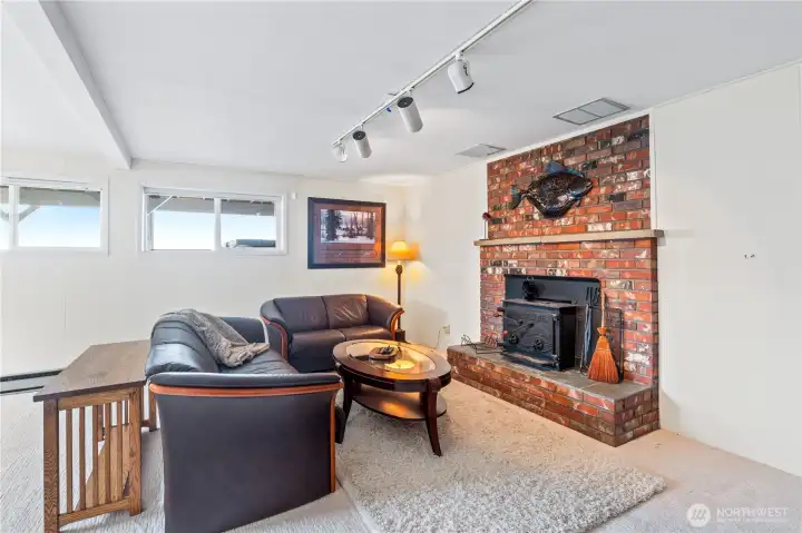 Finished basement with  wood burning fireplace