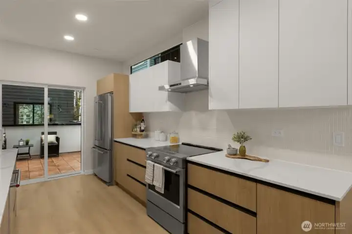 Modern culinary perfection. Gourmet kitchen boasting sleek two-tone cabinetry, premium stainless steel appliances, and crisp white countertops. Modern culinary perfection. Gourmet kitchen boasting sleek two-tone cabinetry, premium stainless steel appliances, and crisp white countertops.