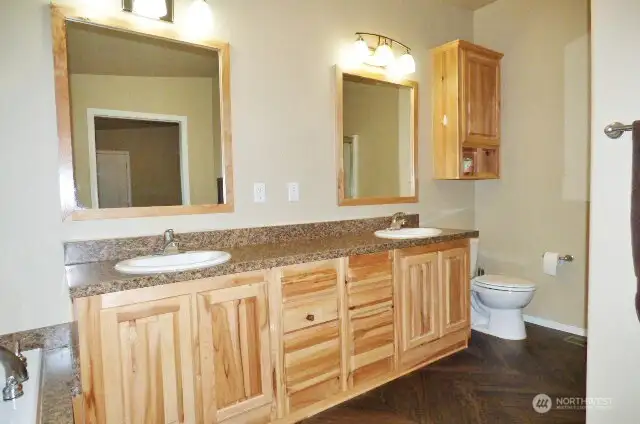 Primary 5 piece bathroom with double sinks and mirrors (tall cabinets too).