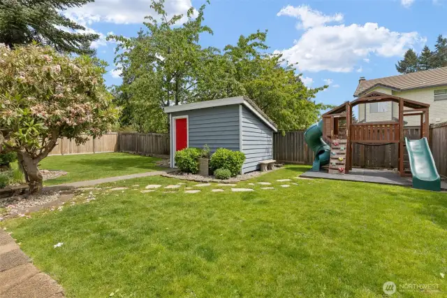 Shed painted in May 2025. Playset new within last 3 years to stay.