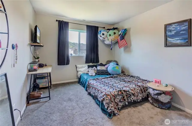 Bright and versatile, this secondary bedroom features a large window with peaceful views, plush carpeting, and space to unwind, play, or study.