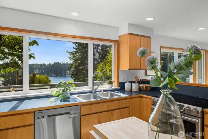 Stainless appliances, maple cabinets and that view!