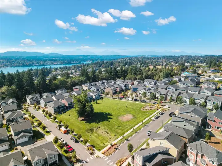 Scenic neighborhood framed by mountains and water.