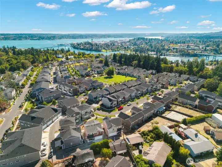 Bird’s-eye view of community close to water and amenities.