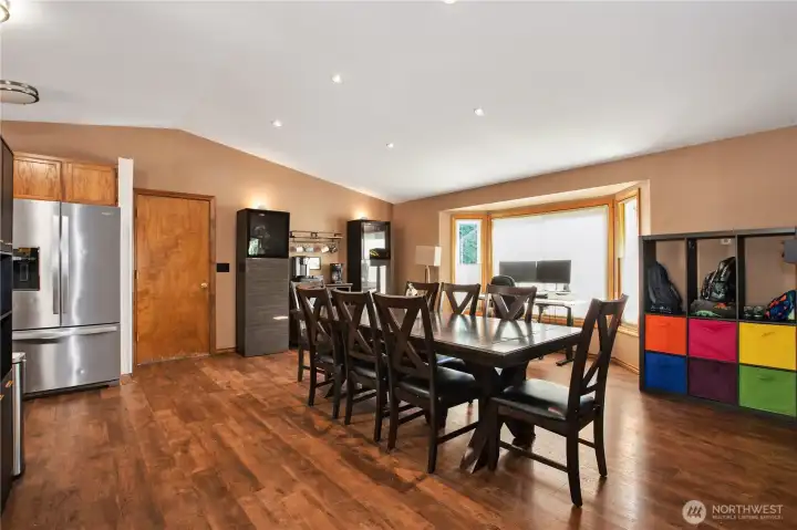 A look towards the dining area and kitchen.