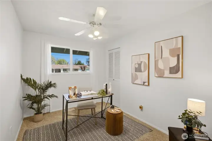 The fourth bedroom of the home is shown here as a home office. Or, use as a guest room, playroom, or for storage!