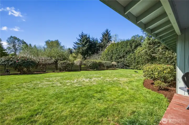 Shown here is the view of the backyard and mature landscaping from the covered back deck.