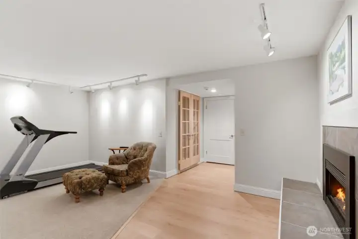 Lower level living room with fireplace.