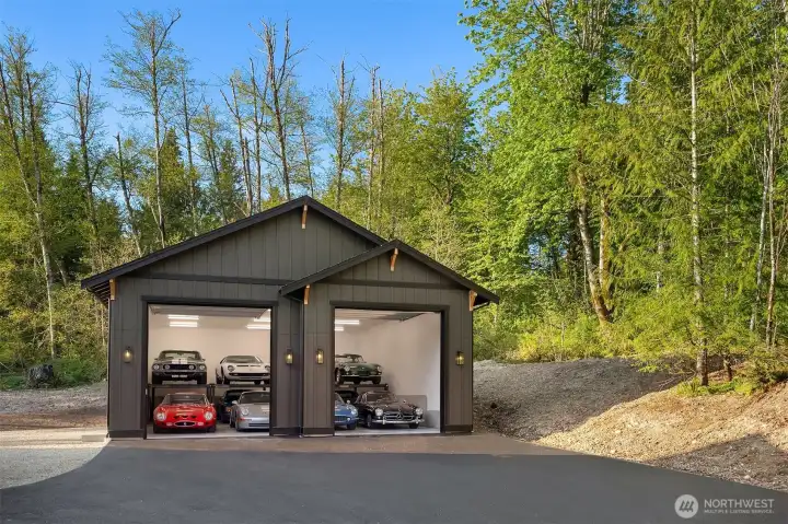 A 36’ x 46’ detached shop accommodating up to nine cars—or more with the installed car lift (not installed). Photo enhanced with cars.