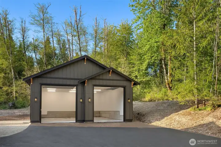 View of empty detached garage (exterior).