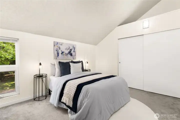 Vaulted ceilings with windows way up high make this a sweet place to bookend your days. Vaulted ceilings with windows way up high make this a sweet place to bookend your days.