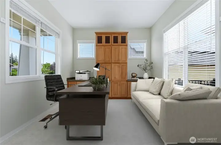 Office with a wall of built-ins, virtually staged.