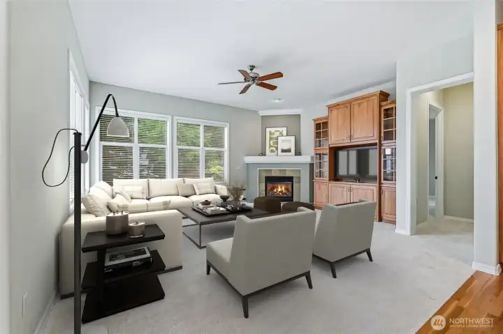 Family room with a media built-in, virtually staged.