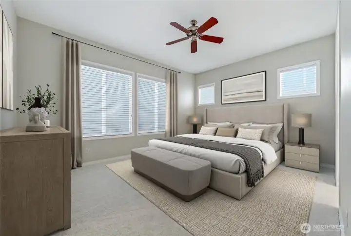 Primary bedroom, virtually staged.