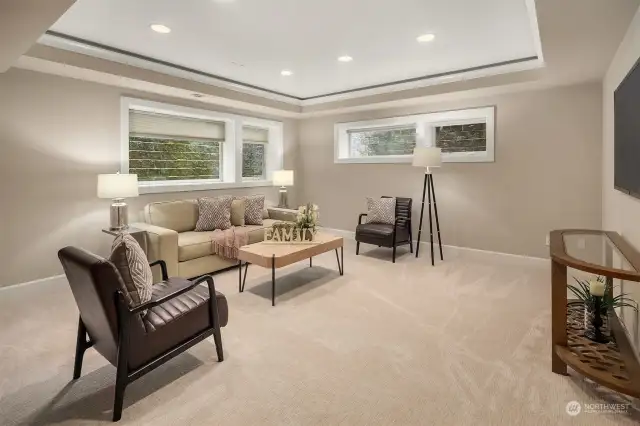 Family room on lower level with wall to wall carpet.