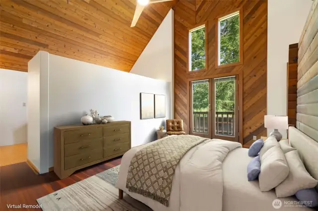Cozy meets elevated in this virtually reimagined retreat—hello, dreamy bedroom goals! Warm wood tones, layered textures, and a killer view make this the kind of space you’ll never want to leave.