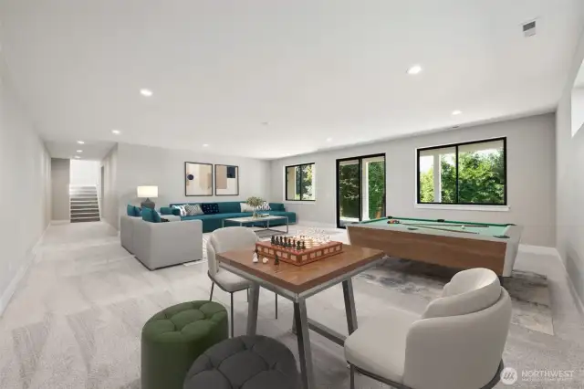 The huge lower recreation room provides flexibility for indoor entertaining and activities.  A sliding glass door opens onto an expanded lower level patio.