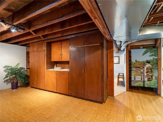 Extra storage space in the lower level family room/rec room.