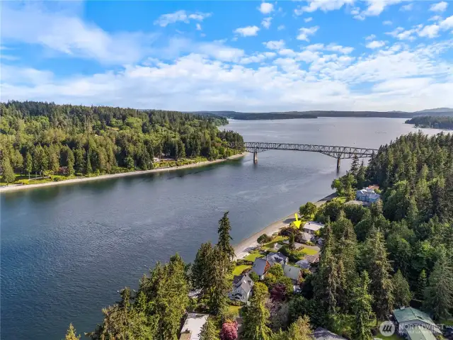 Aerial view looking towards Agate Pass Bridge.