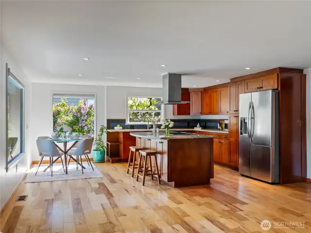 Another view of the kitchen showing the dining area.