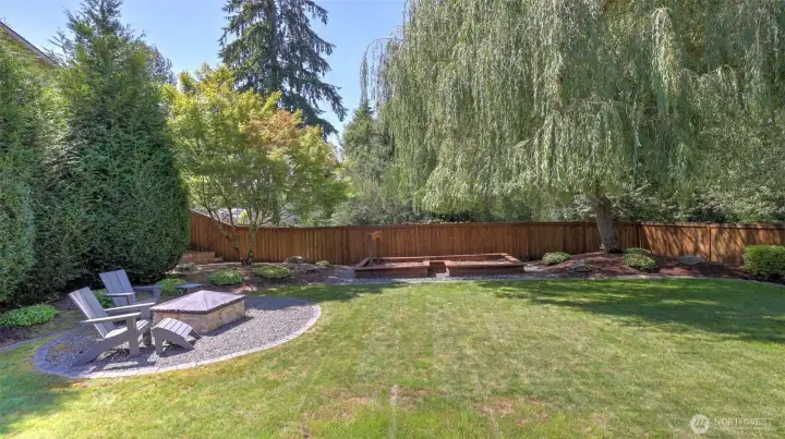 Enjoy this private and spacious backyard with a mature Willow tree adding charm and shade for relaxing.