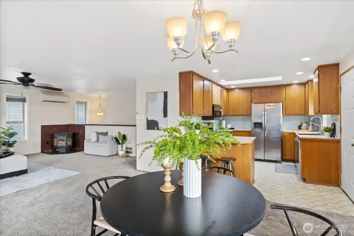 A view toward the kitchen from the sliding glass door.