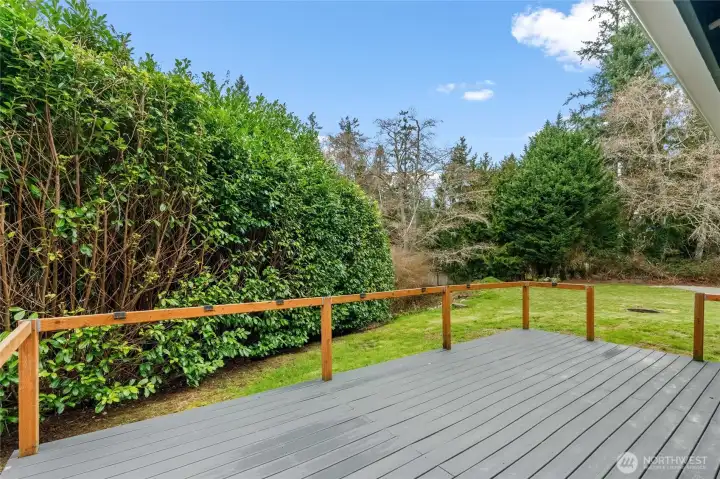 Escape to your own private oasis. Nestled overlooking the lush backyard, this serene deck is the perfect spot for your morning coffee or a quiet evening soak in the fresh air, offering total peace and privacy.