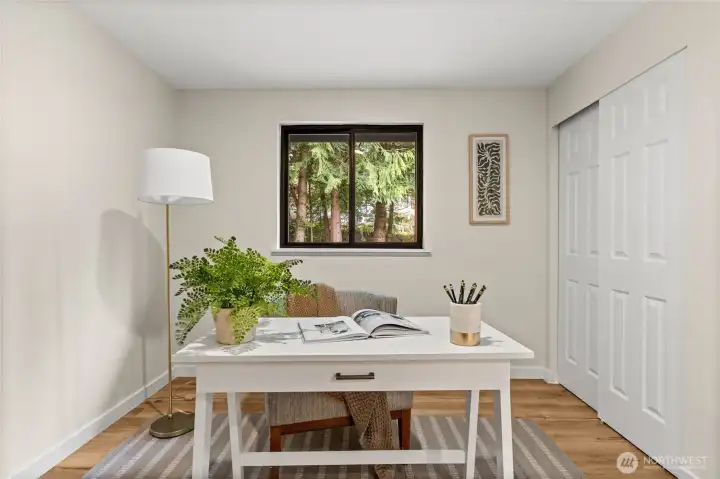 Professional, serene, airy, this room makes space for utility and guests.