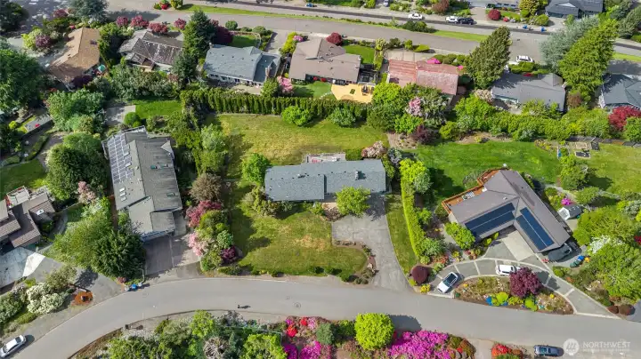 Aerial view, large driveway features guest parking