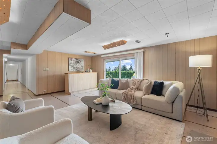 Lower level living space with bar