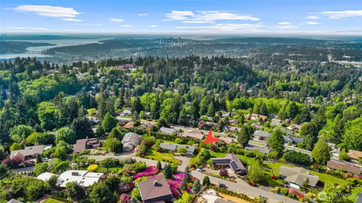 Aerial view looking north, Lake Washington to the West