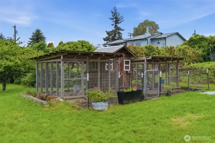 Established chicken coop adds charm and opportunity for hobby farming or fresh eggs right from your own backyard.