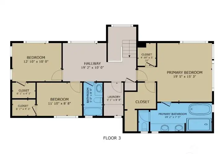 3rd Floor with 3 beds, 2 baths, sitting area and laundry