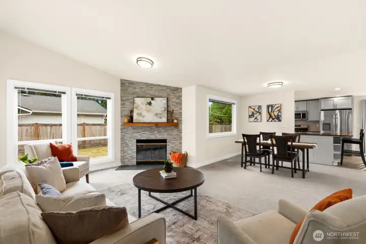 The large main space still features a cozy gas fireplace. The large main space still features a cozy gas fireplace.