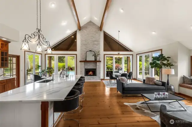 Great Room with soaring ceiling and Chef's Kitchen