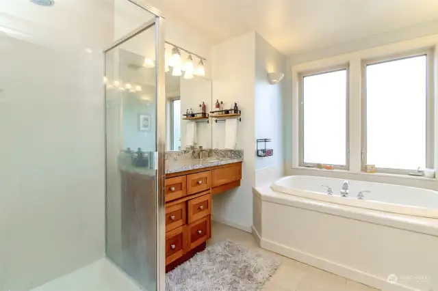 Primary shower with double vanities.