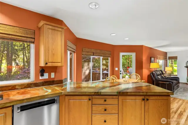 Spacious kitchen with high end countertops.