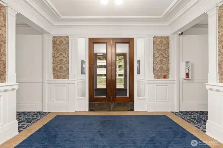 Grand front entrance of the building