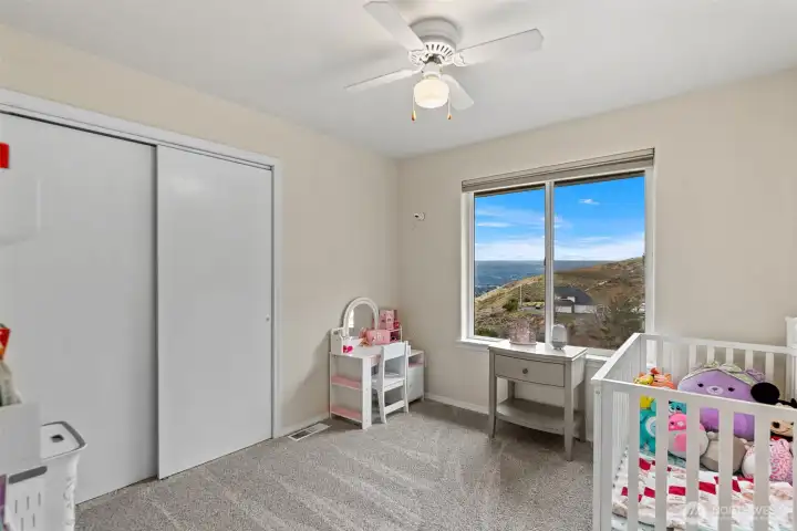 Bedroom 1. Closet organization, views & ceiling fan