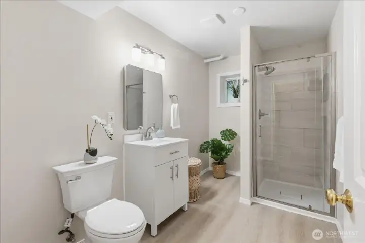Just Updated Lower Level 3/4 Bath NEW Vanity, Fixtures, Tiled Shower and Floors