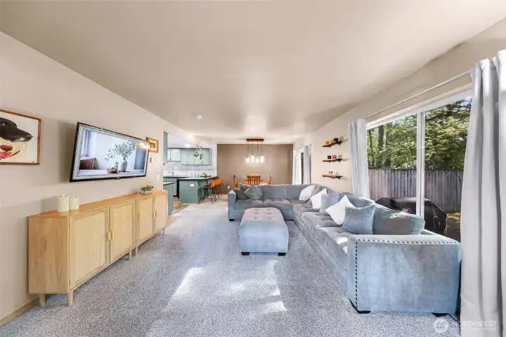 Full view of living room, dining area and kitchen!