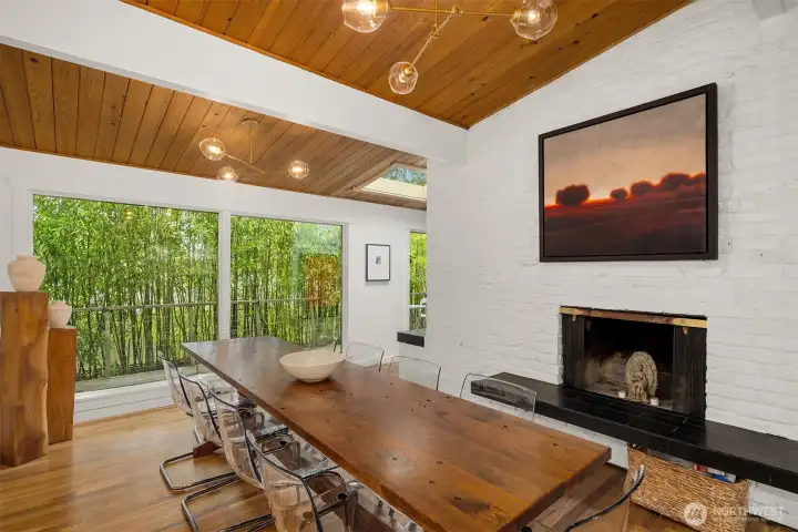 On cool evenings, dine alongside a cozy fire beneath the glow of beautiful glass light fixtures.
