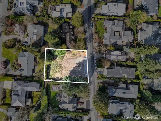 Aerial view of spacious lot in a peaceful neighborhood in beautiful town of Yarrow Point off Lake Washington.