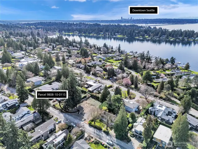 This aerial view showcases a scenic residential neighborhood with convenient access to the nearby Seattle.