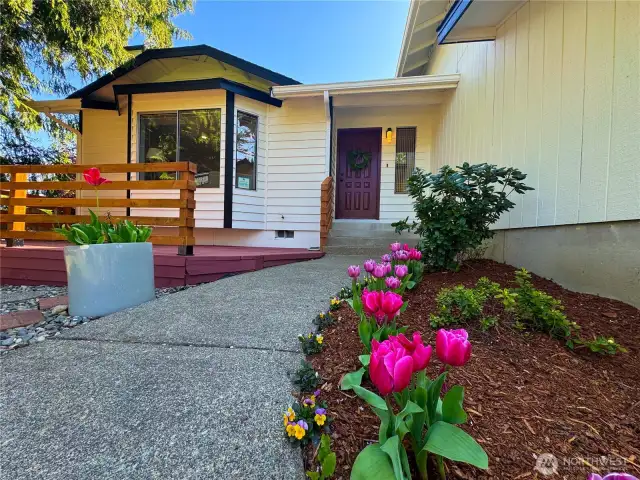 The front entrance of the home is graced with lush tulips, fresh mulch, and several shrubs. It has a welcoming, warm, and friendly atmosphere.