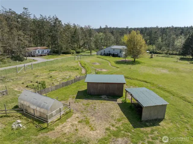 Hay shed and greenhouse