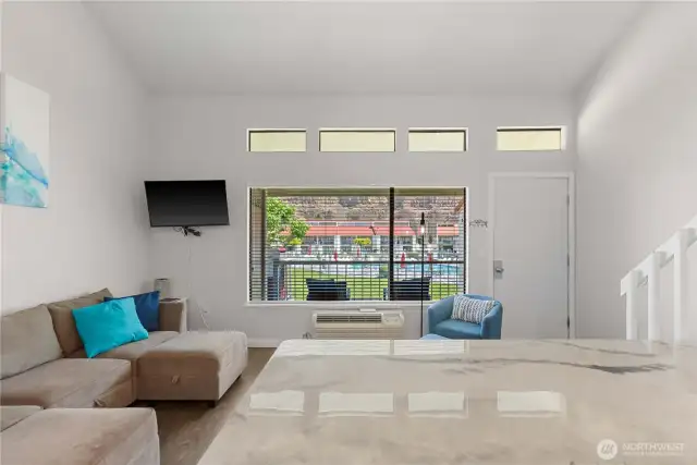 Beautiful views from your front window & patio of the basalt cliffs and gorgeous kept pool/grounds.
