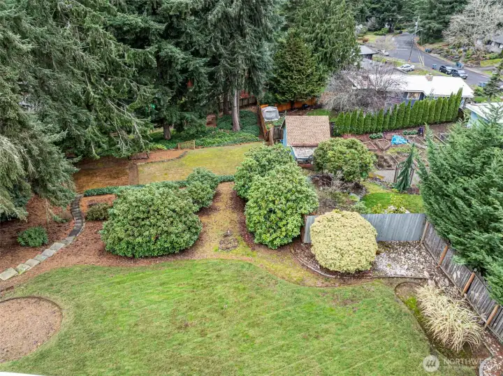 The lot goes all the way down to the fence line behind the large fir trees!!