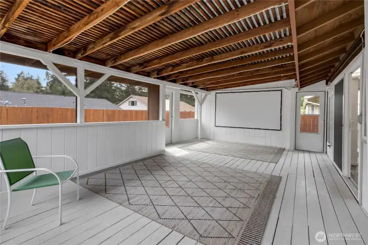 Enclosed deck with 120" screen and cute LED lighting