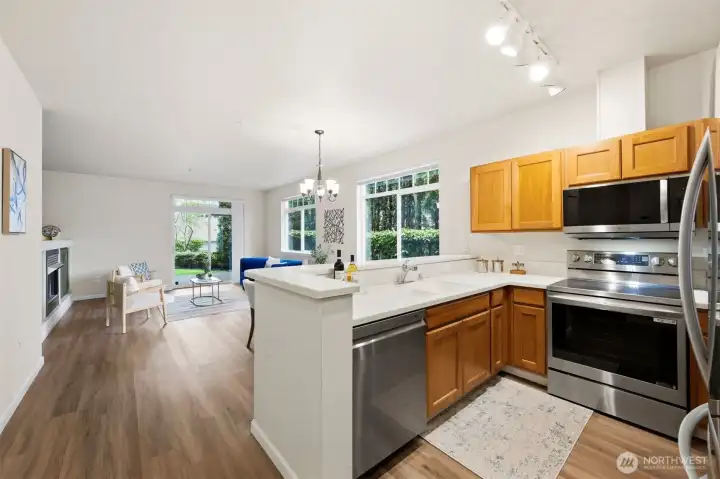 Inviting entry opens to bright single-level layout with updated finishes.